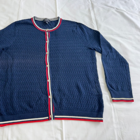 Lands End Navy Cardigan with Red and White Striping - Picture 2 of 4